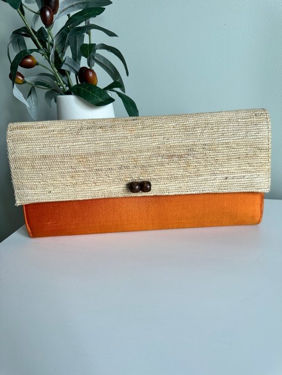 Handmade Handbags - Handmade Vintage Woven Straw Coastal Clutch Orange Silk Boho Beach Resort Bag